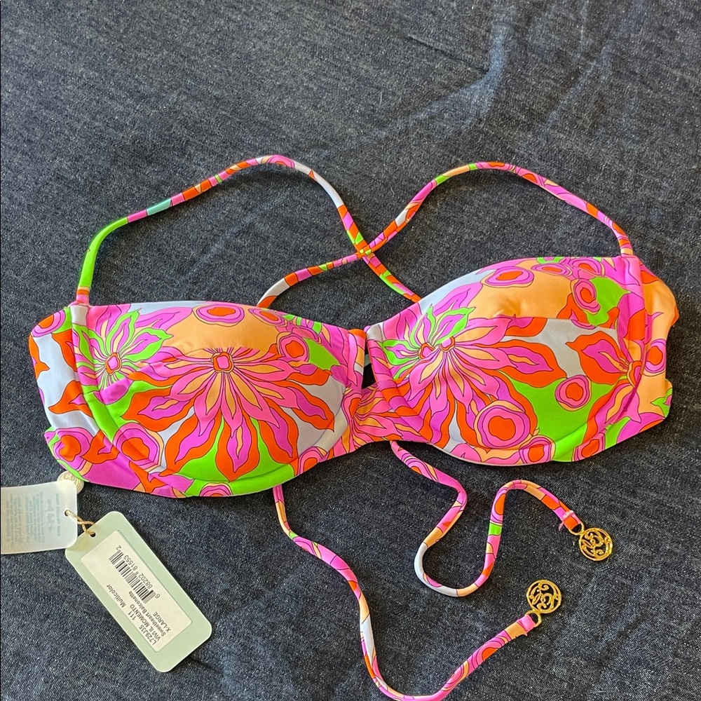 Luli fama Floral Bandeau Swim Top - Pink, Orange & Green